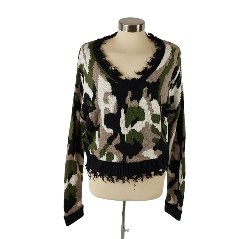 Cloud Chaser Green/Black Camo Distressed V-Neck Sweater